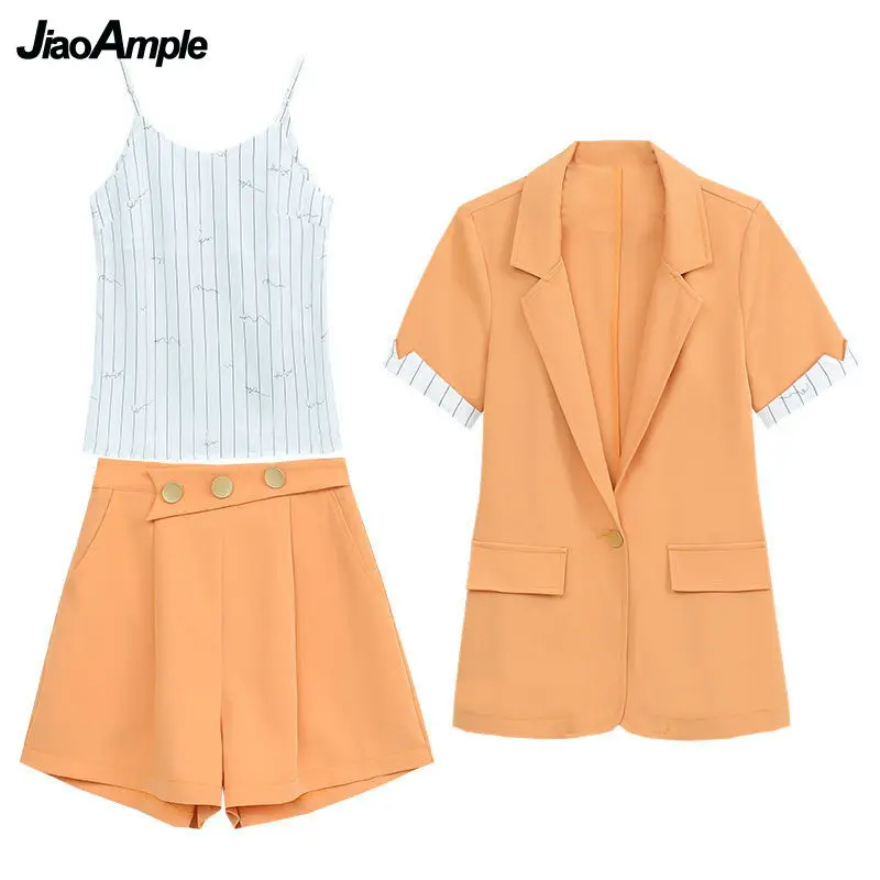 2022 Summer New Suit Jacket Shorts Suspenders Three-piece Women\'s Professional Wear Korean Fashion Blazers Coat Vest Pants Set