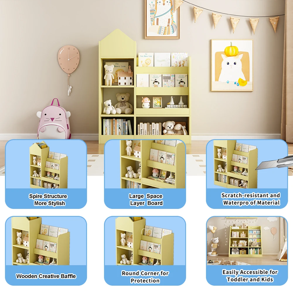 Organizzatore di stoccaggio per giocattoli da scaffale in legno giallo per bambini con libreria, unità di stoccaggio per bidoni per bambini con 6 scomparti 2 cestini contenitori giocattoli