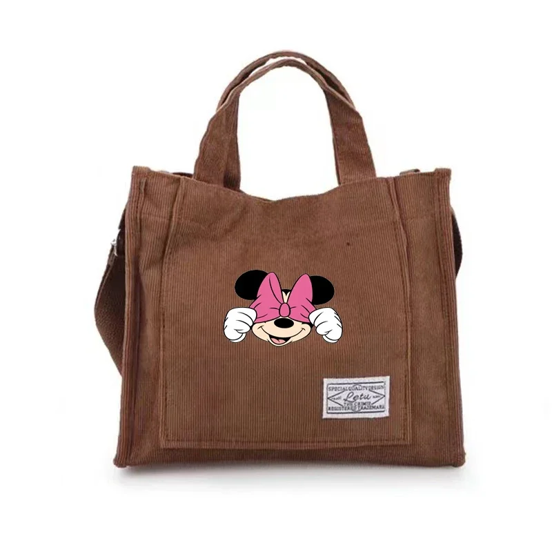 Disney Minnie Mouse Corduroy Casual Women\'s Tote Shoulder Bag Cotton Canvas Handbag Female Small Square Messenger Shopping Bags