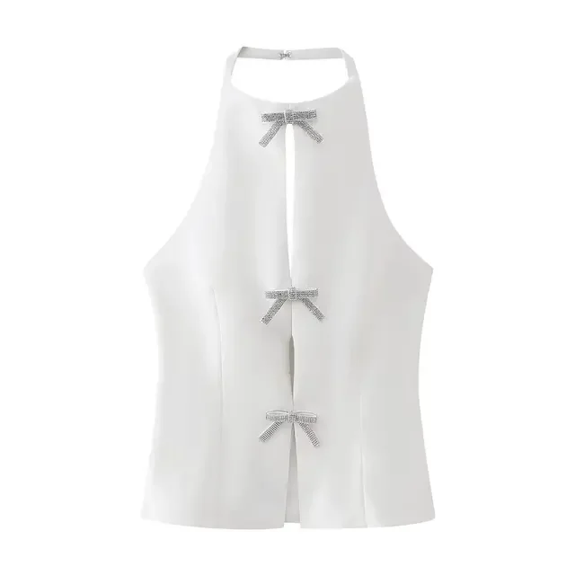 BabYoung Summer Fashion Women Solid O-Neck Sleeveless Hollow Out Backless Bow Decoration Female Sexy Chic Tops 2 Color