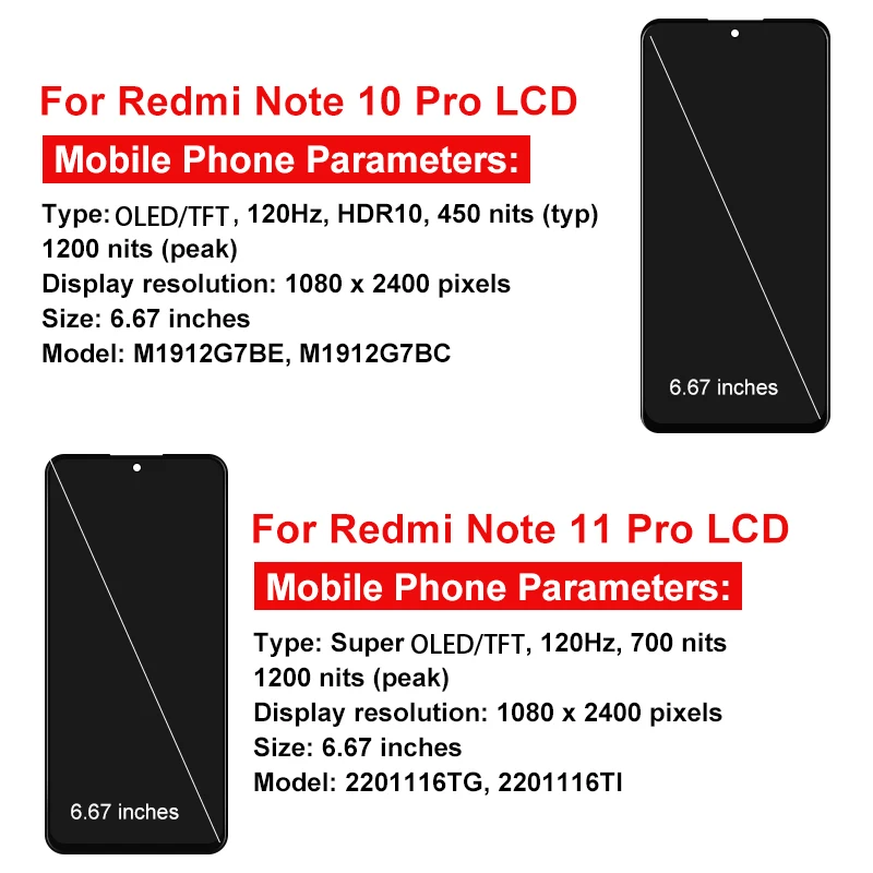 Super OLED For Xiaomi Redmi Note 10 Pro LCD M2101K6R Display Touch Screen For Redmi Note 11 Pro LCD 2201116TI Replace Parts TFT