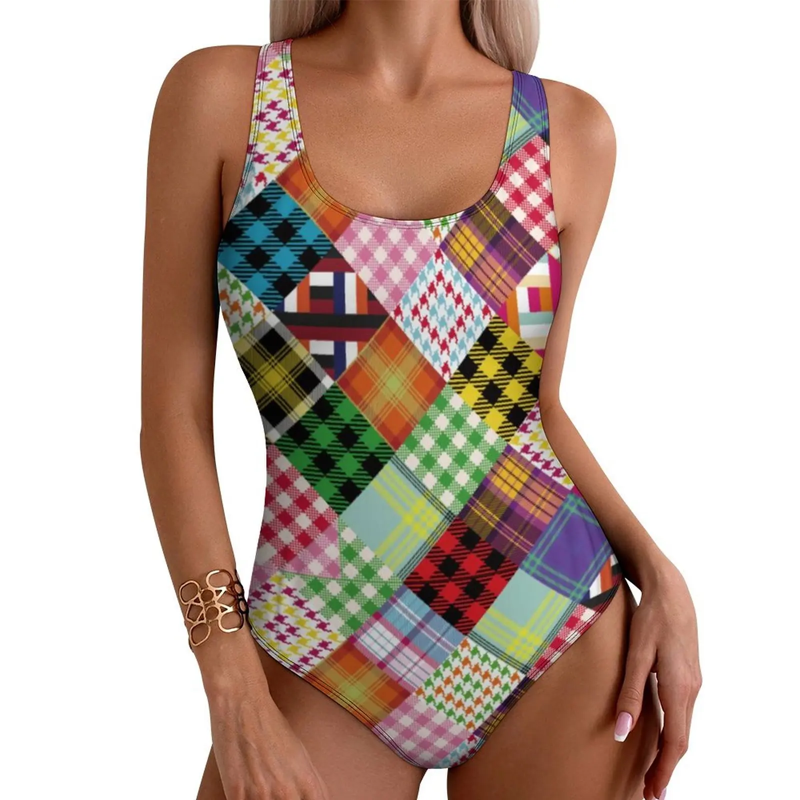 Colorful Patchwork Swimsuit Sexy Plaid Bohemian Print Women Swimwear One-Piece Modern Bodysuit Holiday Push Up Beach Outfits