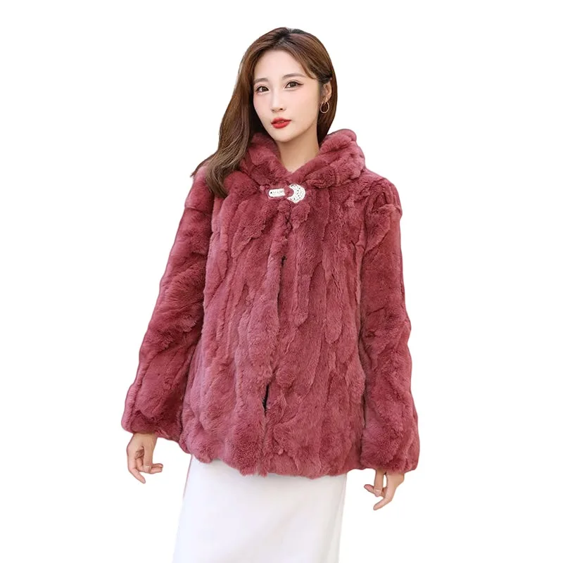 Winter Women's Real Fur Coat Loose Top Rabbit Fur Jacket Hood Women Clothing Fluffy Furry Natural Fur Jackets With Pockets Parka