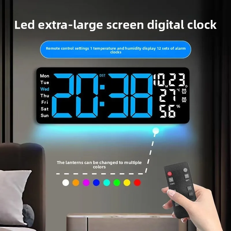 17.3 Inch Led Electronic Wall Clock Living Room Temperature and Humidity Ambient Light Silent Multi-function Remote Control