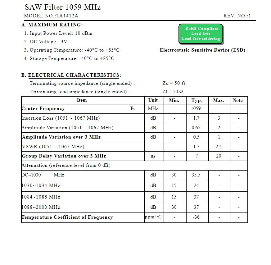 (10 Stück) TA1685A Code 2K brandneuer echter 469,8 MHz verpackter SMD-SAW-Filter TA1412A Code C8 auf Lager 1059 MHz