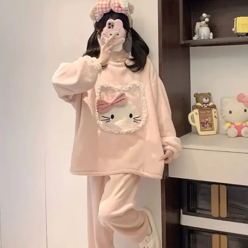 

New Cartoon Sanrio Hello Kitty Anime Women Pajamas Cute Round Neck Long-sleeved Pants Two-piece Autumn Winter Warm Homewear Suit