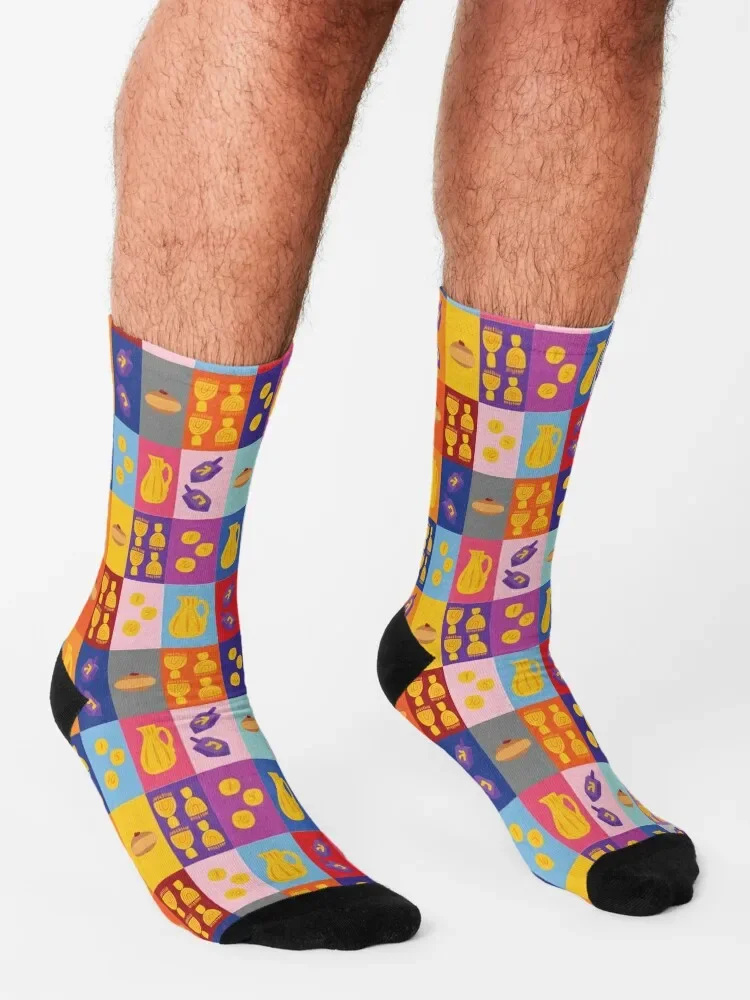 Chanukah Smorgasbord - Warm Pop Art Grid Socks kawaii floor Stockings man Socks For Girls Men's