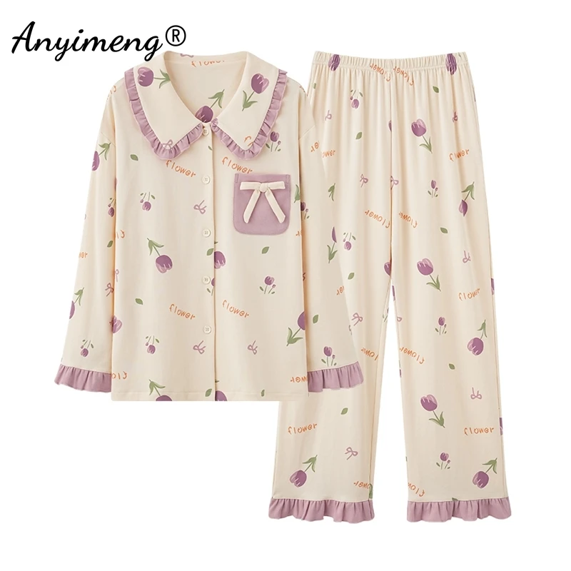 New Autumn Winter Cotton Pajamas for Women Lapel Cute Girl Homewear Long Sleeve Princess Sleepwear Floral Print Loungewear