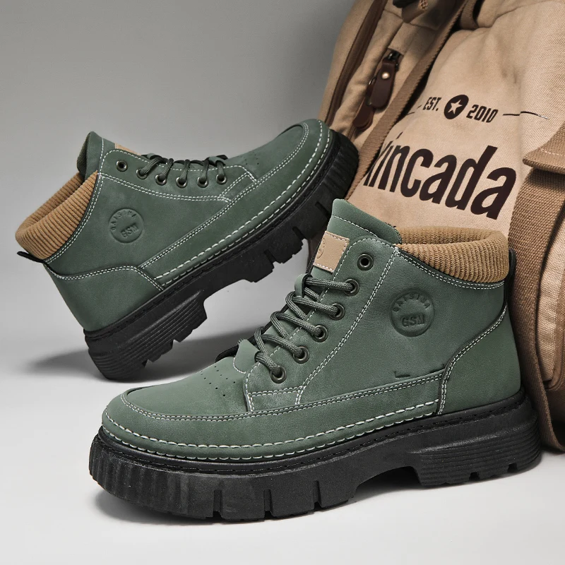 

Autumn Winter Outdoor Men's Boots Green Retro Tooling Ankle Boots For Man Non-slip Platform Man Motorcycle Boots botas de hombre