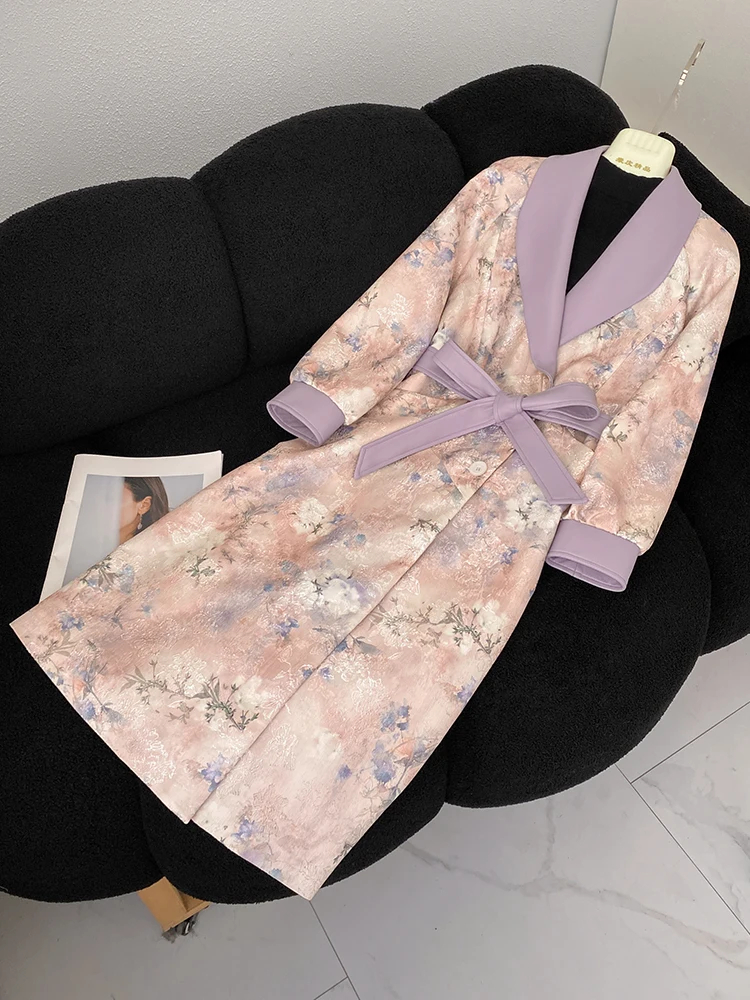 Mittellanger, mit Gürtel besetzter, bedruckter Trenchcoat aus echtem Leder mit Revers, 25, neuer Herbst-Einreiher, lila, eleganter Mantel