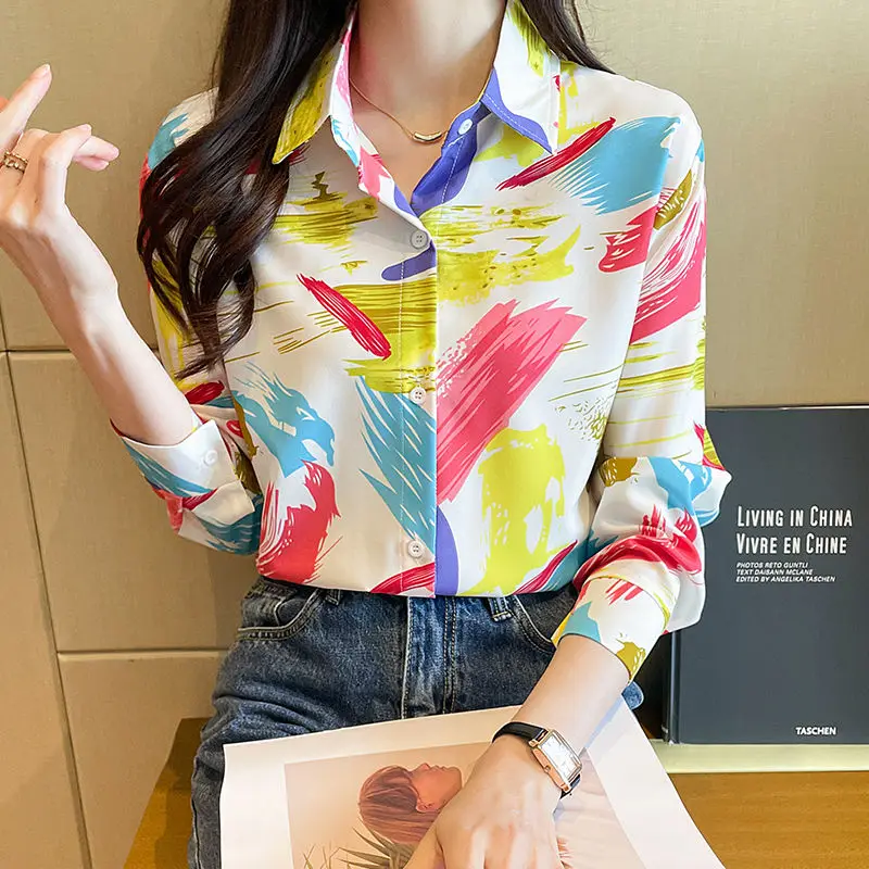 Spring Autumn Fashion Turn-down Collar Long Sleeve Printing Women's Clothing Blouses Popularity Loose Trend Simplicity Shirts