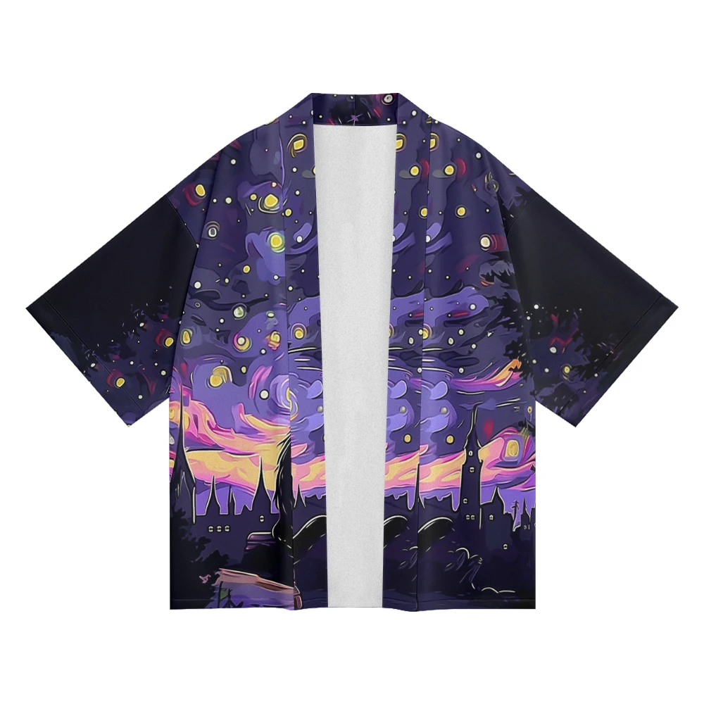 Classic Versatile Model Deep Hollow Kitten Oil Painting Feather Woven Men's Country Fashion Design Casual Dojo Kimono Mens Tops