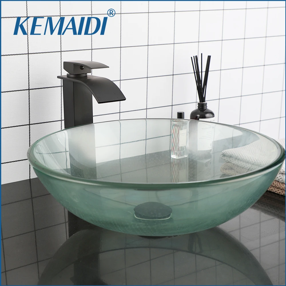 

KEMAIDI Round Bathroom Vessel Sink Above Counter Tempered Glass Sink with Black Faucet Mixer and Black Pop-up Drain Combo