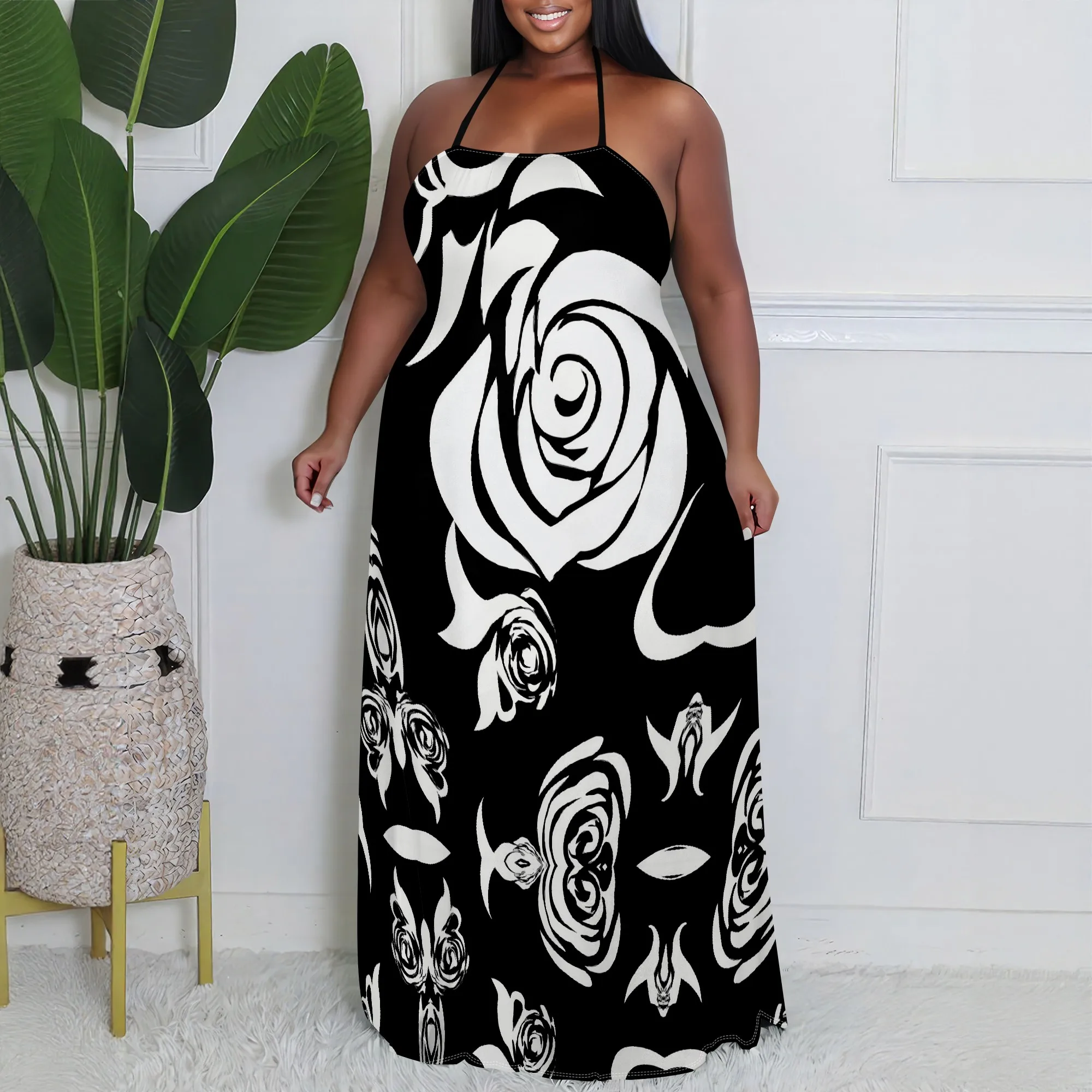 Halter Neck Floral Print Women's Maxi Dress 2025 New Arrival Casual Summer Dress XL-6XL