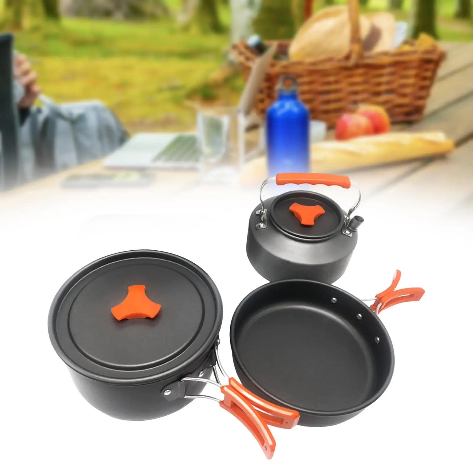 

3x Camping Cookware Set Aluminum Alloy Folding Handle 2-3 Persons Pot Frying Pan Kettle for Hiking Outdoor Picnic Fishing Travel