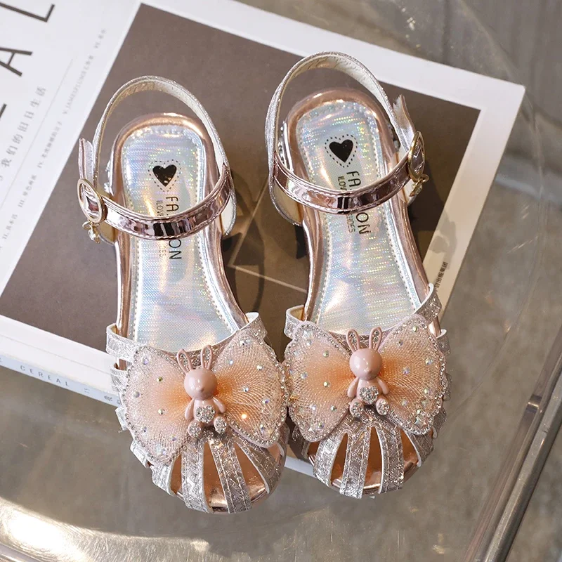 Girls Sandals Summer Toes-covered Sweet Children High Heels for Wedding Party Fashion Elegant Bowtie Kids Causal Dress Sandals