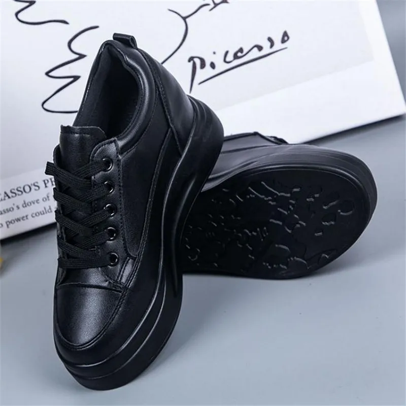 Hidden Heels Women Platform Wedge Sneakers Ladies Leather  White BLACK Shoes Female Tenis Feminino Casual 40