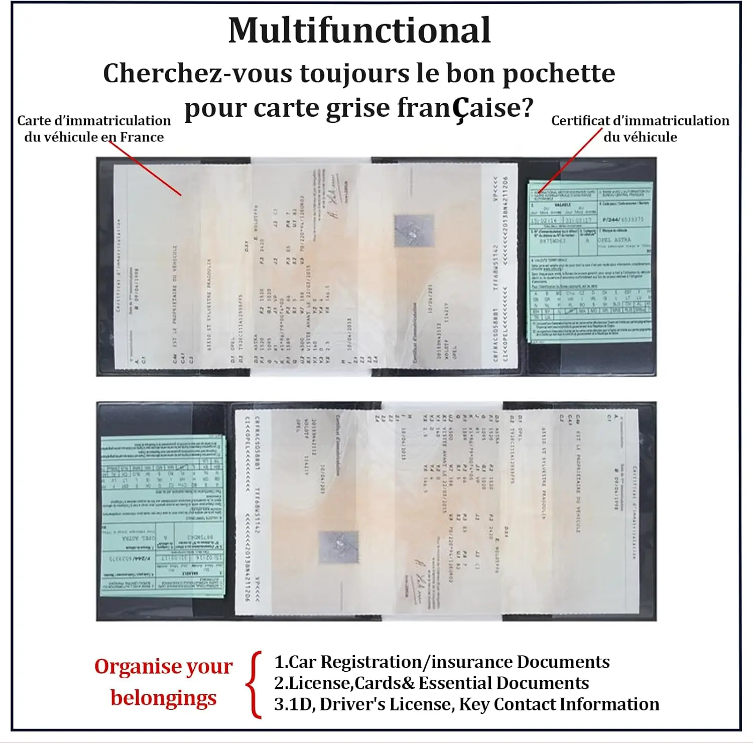 Porta carte grigio da 3 pezzi con 4 scomparti – Gomma morbida al tatto in PVC protegge il certificato di registrazione di auto e moto