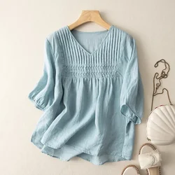 Women's Shirts Summer 2023 New Loose Short Sleeve Top V-neck Ladies Clothing Cotton Linen Solid Vintage Blouses