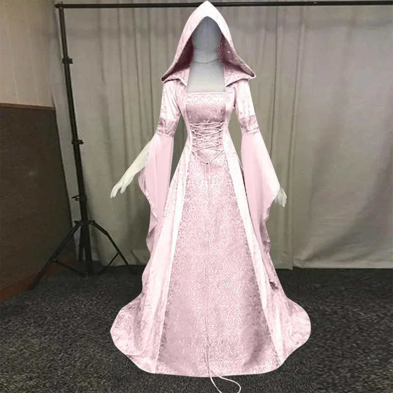 Urso den medieval estilo retro vestido de cintura de casamento cosplay halloween feminino com capuz robe papel pl novo 2025