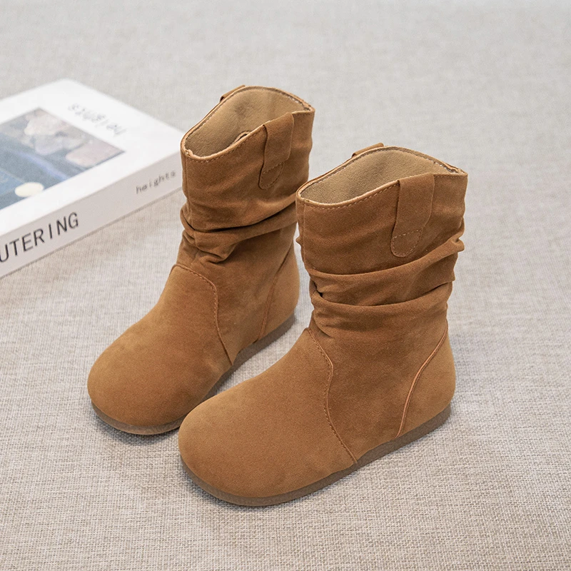 

Baby Girls Autumn/Winter Fashionable/Soft Slip-on Plus Velvet Warm Flat-soled Mid-calf Boots Kids Lightweight Walking Boots