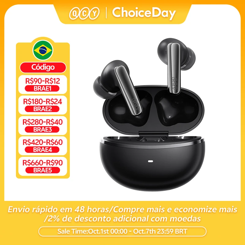QCY MeloBuds N70 Fones de ouvido sem fio ANC Bluetooth 6.0 com cancelamento de ruído adaptativo LDAC, áudio de alta resolução, 6 microfones ENC, 50 horas de reprodução, carregamento sem fio, detecção intra-auricular