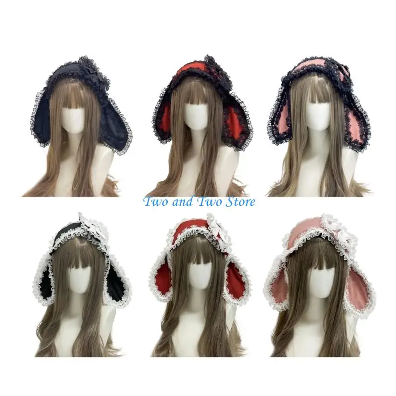 

HX6F Long Ear Rabbit Hairbands Easter Lace Hair Hoop for Photo Studio Photo Props