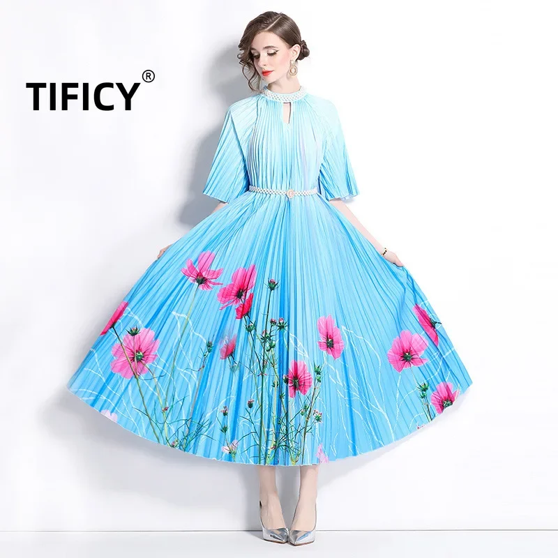 

New Summer Women's Round Neck Short Sleeve Nail Bead Positioning Printed Pleated Pearl Buckle Pleated Long Party Dresses