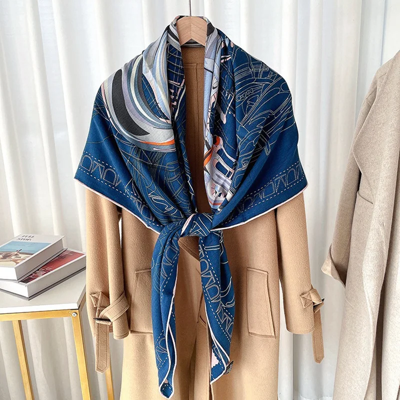 Horse Printed Wool Blanket Scarf Shawl Cape 2024 Spring Womens Wool Scarves Foulard Echarpe 130x130cm