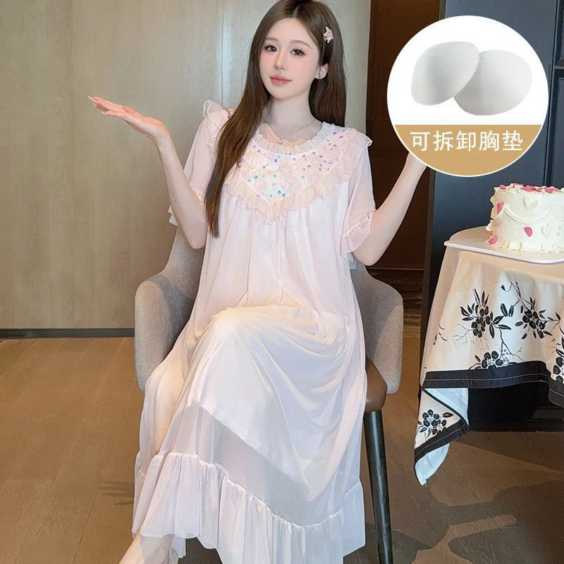 2025 Summer Sweet Lace Princess Short Sleeve Cotton Nightgowns for Women Cute Sleepwear Night Dress Nightdress Femme Home Nighty