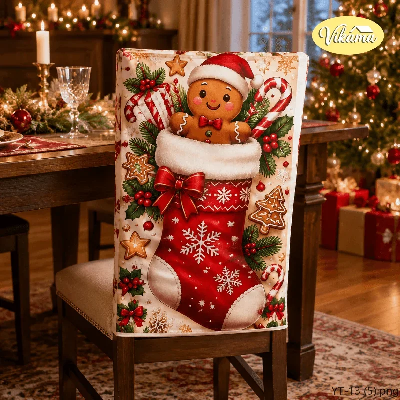 VIKAMA Christmas Stocking Gingerbread Chair Cover Non Slip Washable Seat Cover for Dining Room Kitchen Holiday Party Home Decor