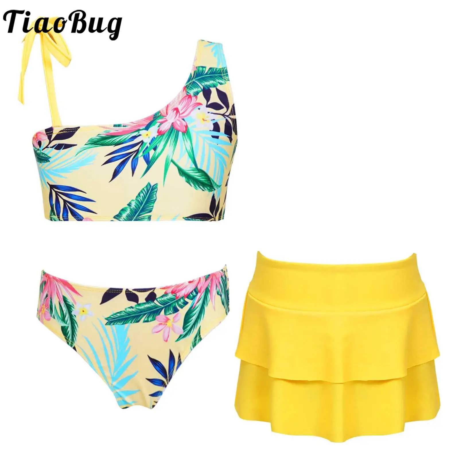 Kids Girls Yellow Vibrant Swimsuit Asymmetric Shoulder Sleeveless Vest Briefs Flounce Skirt 3 Pcs Set Swimming Bathing Bathing