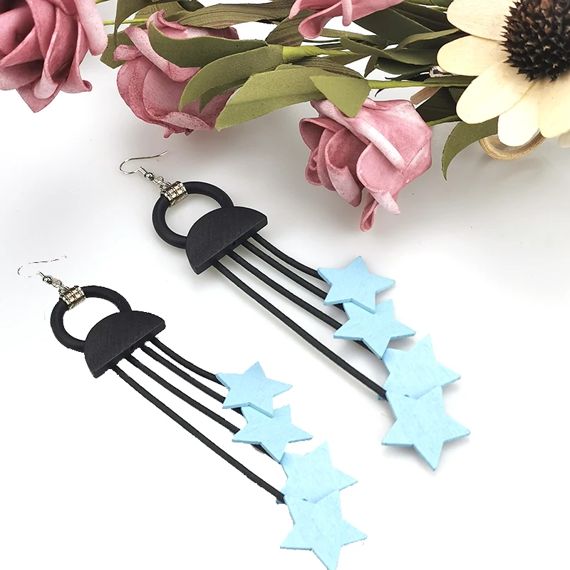 New Retro Ethnic Style Blue Star Geometric Tassel Hand-designed Metal Ear Hook Earrings Fashion Women's Accessories