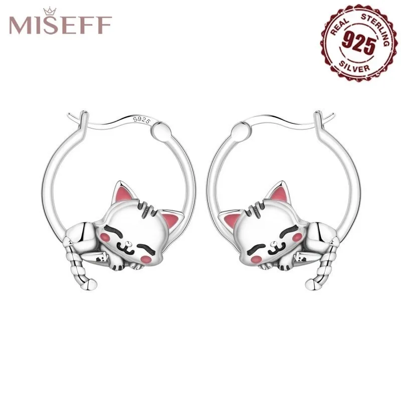 MISEFF S925 Sterling Silver Earrings Cute Animals Panda Sleeping Cat Earring For Engagement Wedding Party Birthday Jewelry Gift