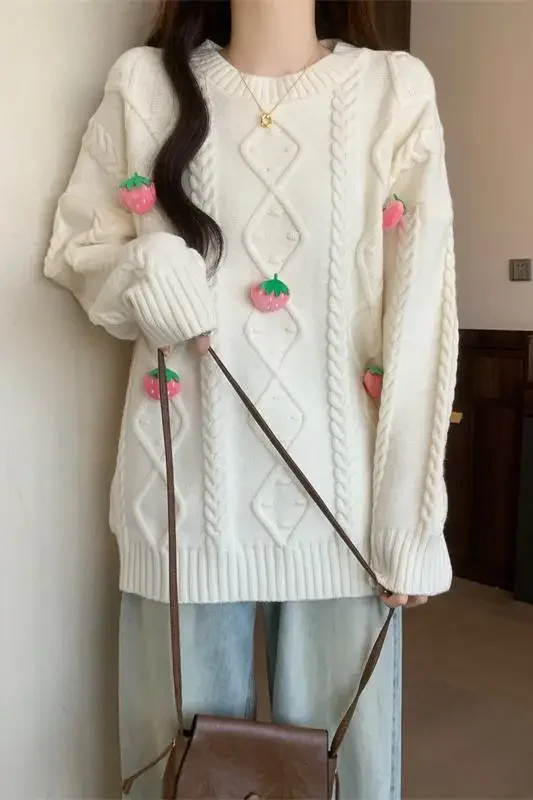 女性用の取り外し可能なストロベリーセーター,ラウンドカラー,ルーズニットセーター,愛らしい女の子,秋冬ファッション