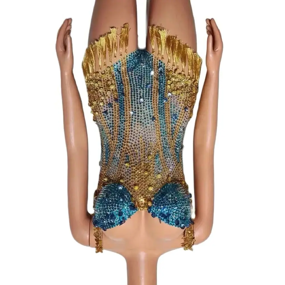 

Event Rhinestones Sequins Tassels V Neck Bodysuit Performance Dance Costume Nightclub Singer Dancer Photoshoot Gown Romper