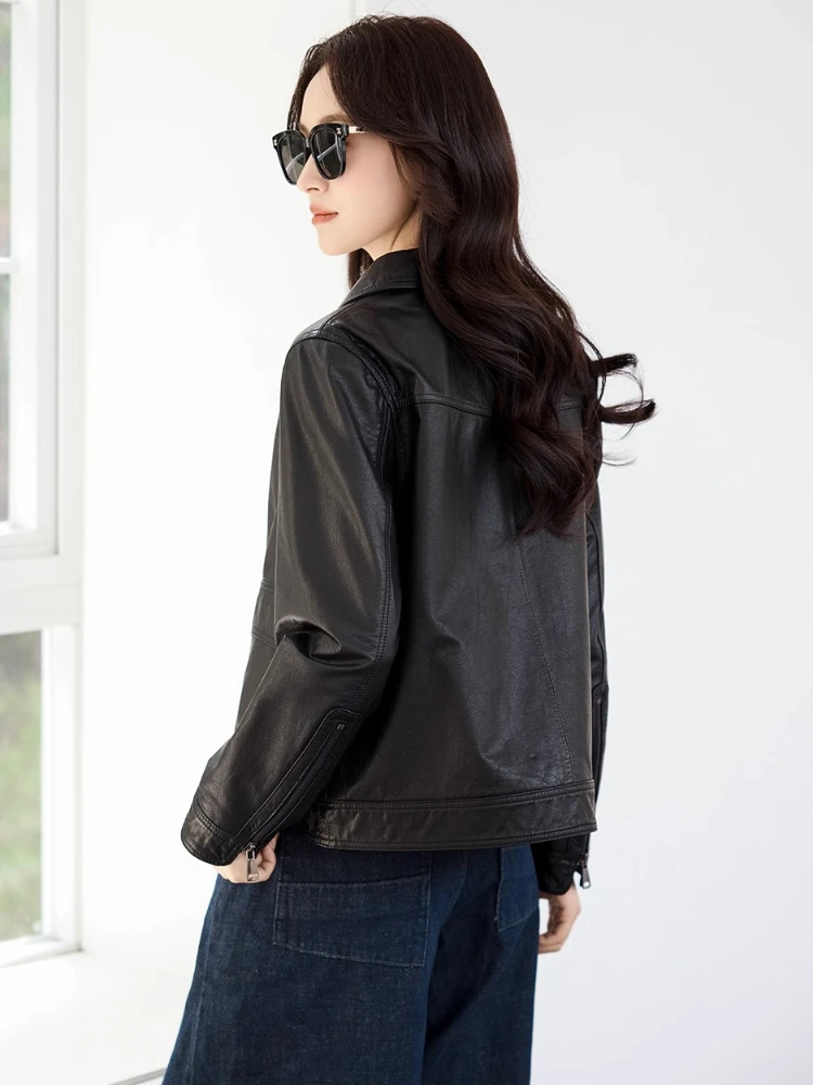 Slim Short Genuine Leather Motorcycle Jackets for Women Spring Autumn 2025 New High-end Simple Black Real Cow Leather Coat