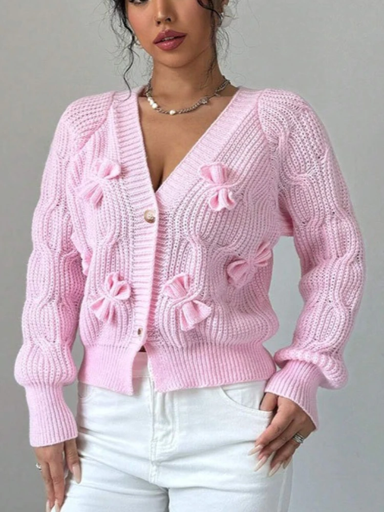 

Autumn Winter New in Style Commuter Sweater Women's Solid Color Loose Soft Long Sleeve Bow Knitted Cardigan Clothes Top