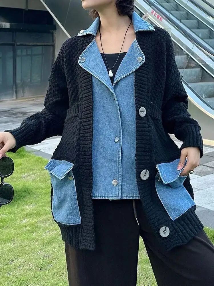 

Черный джинсовый карман большого размера, вязаный кардиган, свитер с лацканами и длинными рукавами, женская новая мода, весна-осень