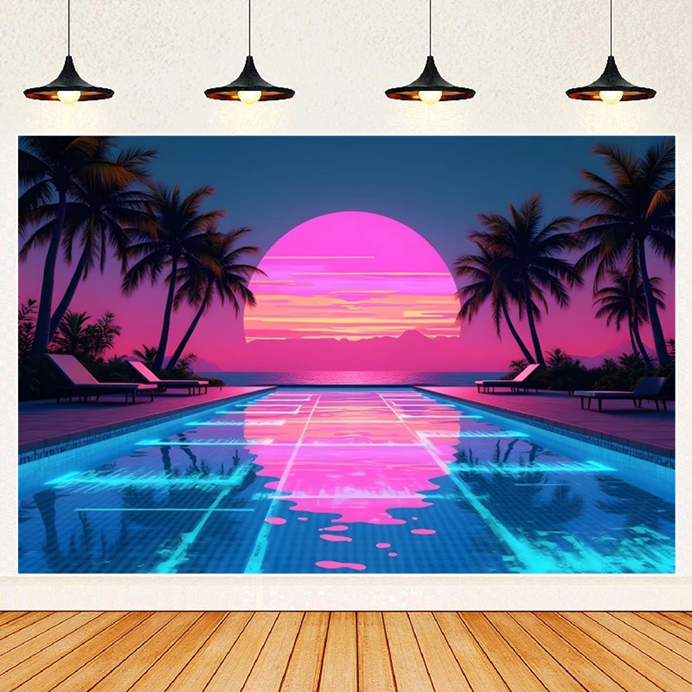 Summer Pool Party Sunset Sfondo Neon Albero di cocco Ruota panoramica Vacanza hawaiana Festa di compleanno Sfondo Photo Booth Puntelli