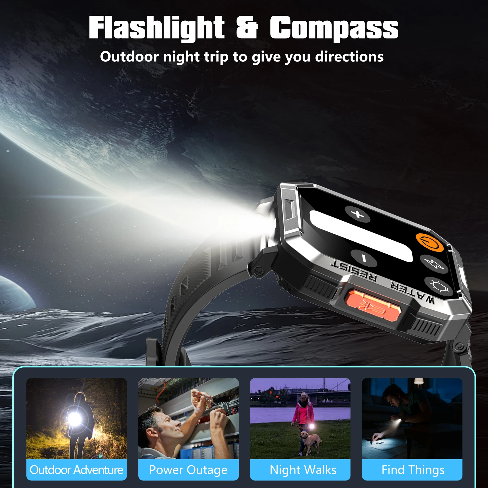 Blackview W60 Waterproof Smart Watch with Emergency Lighting 900mAh Battery 2.01'' HD Screen Bluetooth Outdoor Watches for Men