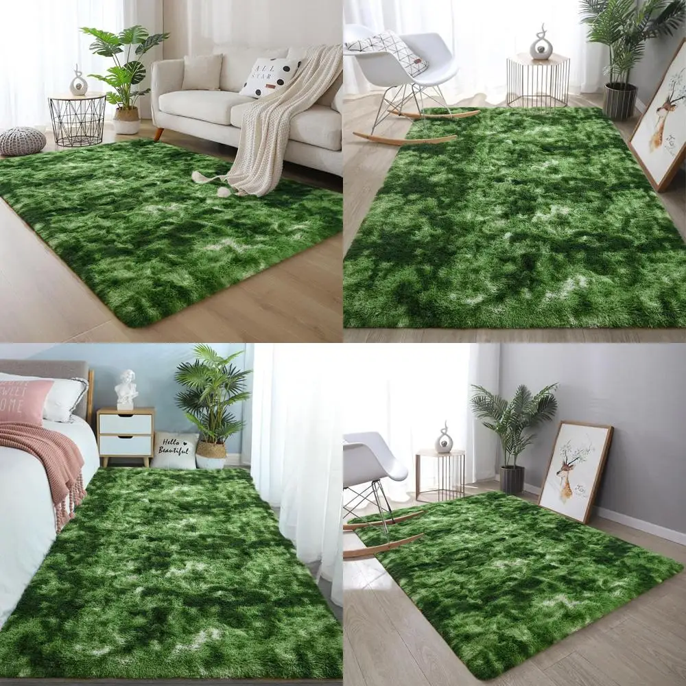 

Luxurious Dark Green Shaggy Rug, 6x9, Soft Plush Tie-Dyed, Ideal for Bedrooms, Living Rooms, and Kids' Spaces, Non-Slip, Machine