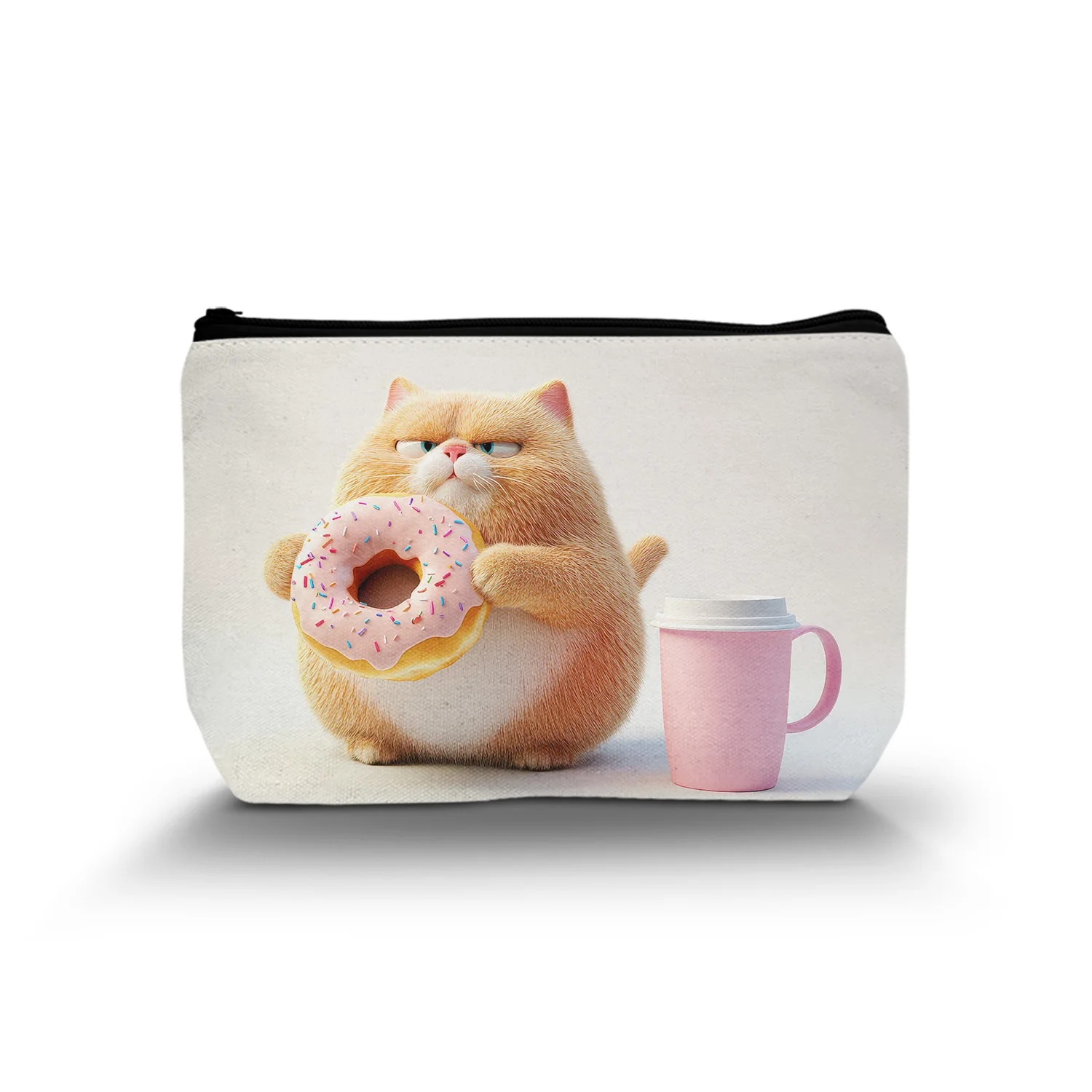 1Pc Cosmetic Bags For Women Small Funny Cat Holding Donut Makeup Bag For Travel Toiletry Bag With Zipper 8.66X5.51Inch