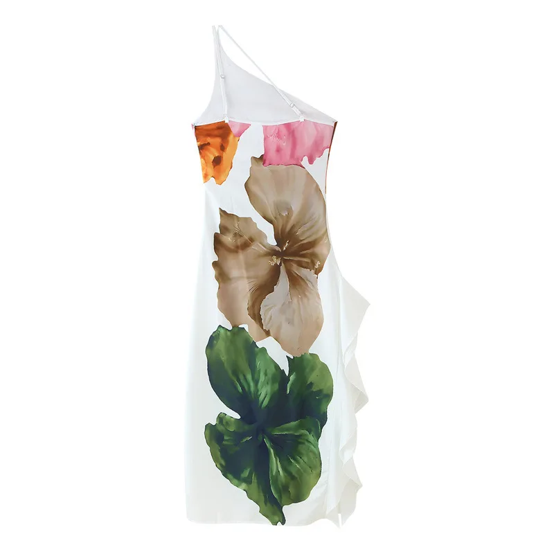 Women's high-end slanted shoulder positioning printed vacation dress