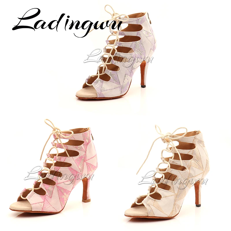 Ladingwu Lace Satin Latin Dance Boots For Women Ballroom Professional Dance Shoes Adjustable Strap Design Girls Salsa Dance Shoe