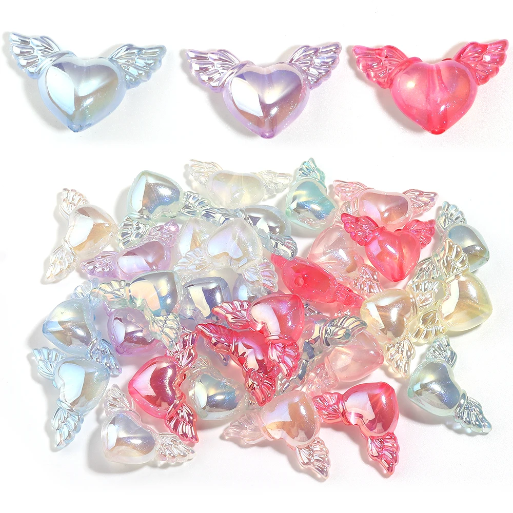 10 Stück/Set AB-beschichtete Flügel-Herz-Acrylperlen, Engel-Herz-Abstandsperlen für DIY-Armbänder, Halsketten und Schmuckherstellung.