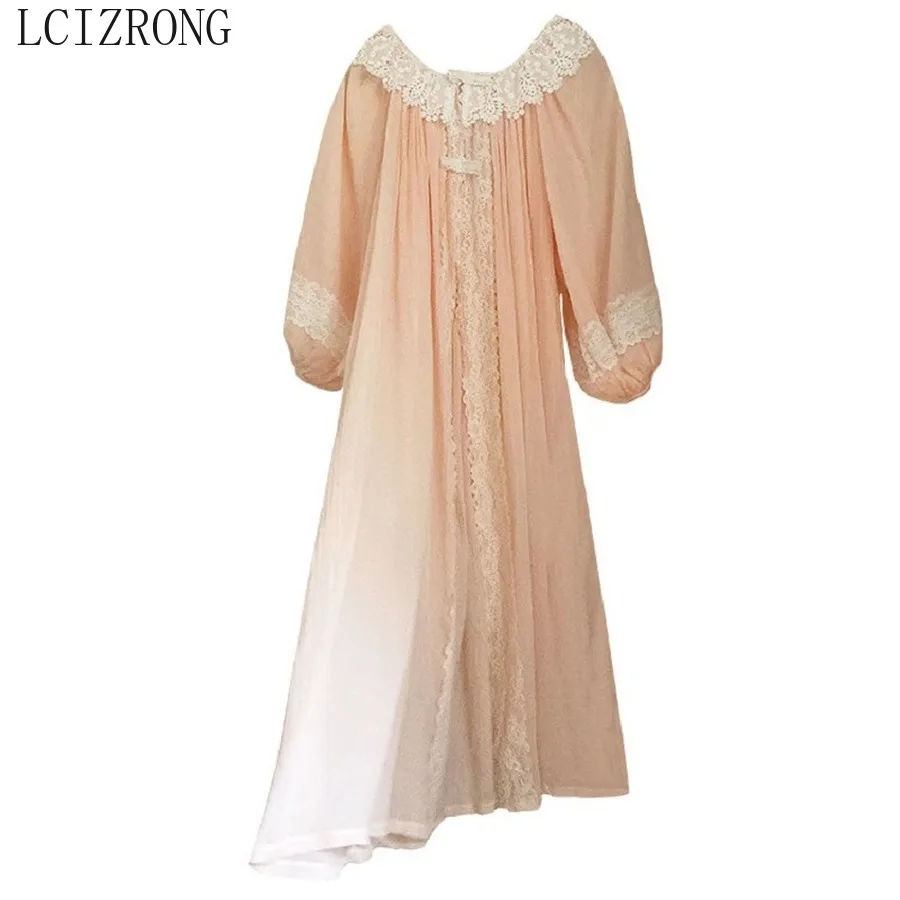 Vintage Cotton Women\'s Robe Sets Two-piece Lace Retro Princess Long Sleepwear Girl Retro Nightwear Female Home Wear Plus Size