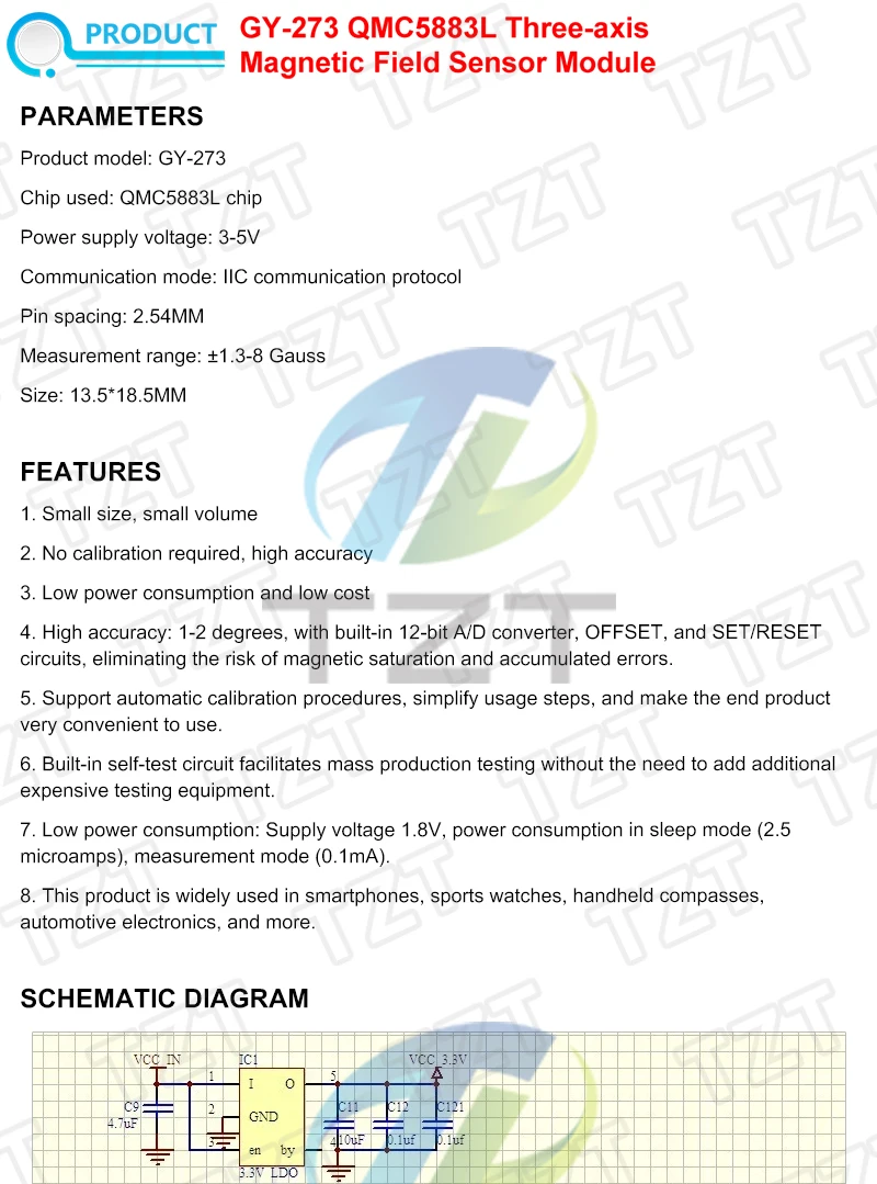 TZT GY-273 QMC5883L Modul Kompass-Magnetometer-Sensor 3V-5V – Detail 1