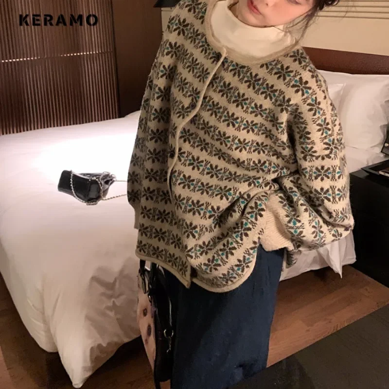 2024 Winter Vintage Casual Single Breasted Fashion Sweater Women Knit Printting Jumpers Long Sleeve Turtleneck Loose Cardigans