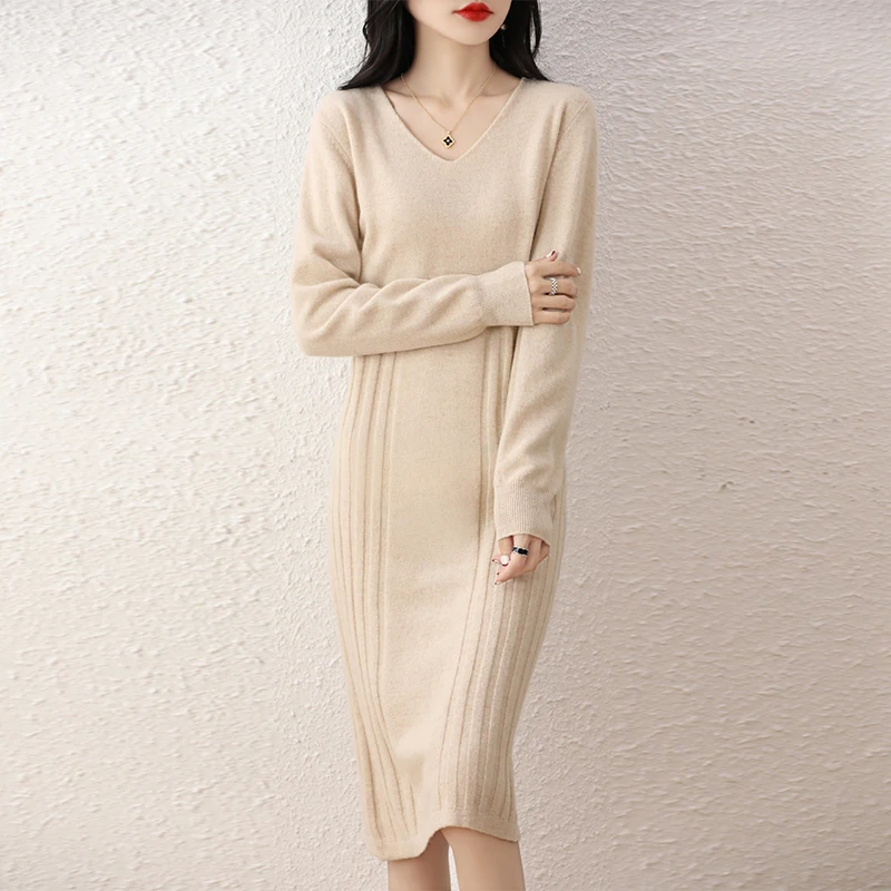 

2024 Autumn/Winter V-neck Medium length Bottom Dress 100% Pure Wool Loose Knee Over Women's Knitted Wool Long Dress